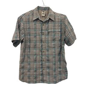 The‎ North Face Men’s Button Up Shirt Medium Blue Plaid Short Sleeve Pockets EUC